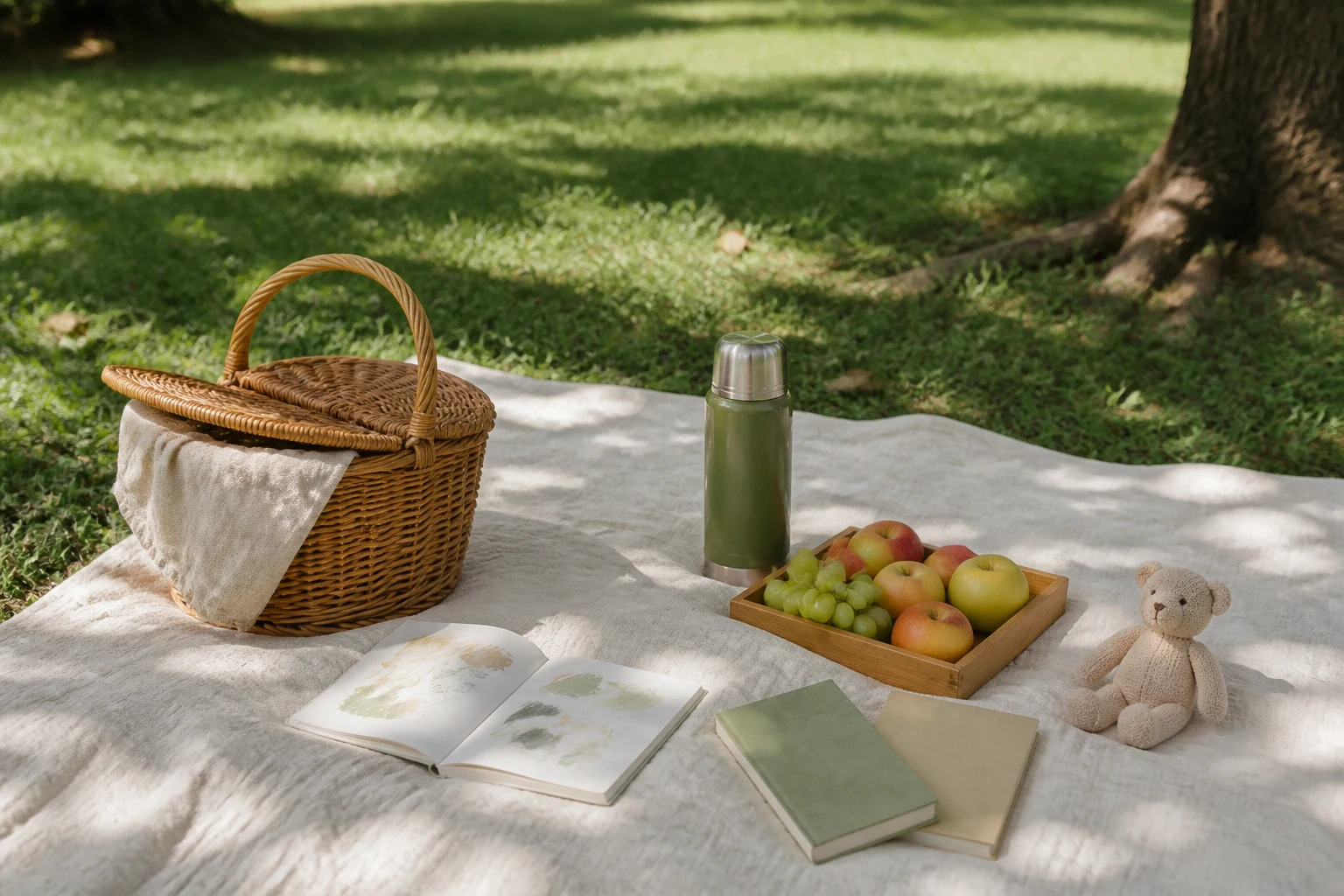 Pique-nique familial sur une couverture dans un parc public francais avec panier de fruits frais et livres pour enfants au soleil