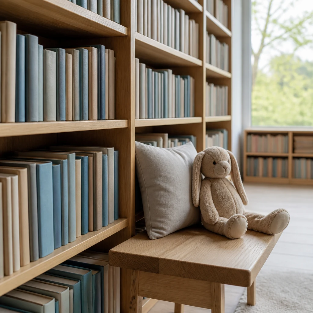 Etagere de bibliotheque municipale avec livres pour enfants un banc en bois et une peluche pres d'une fenetre lumineuse