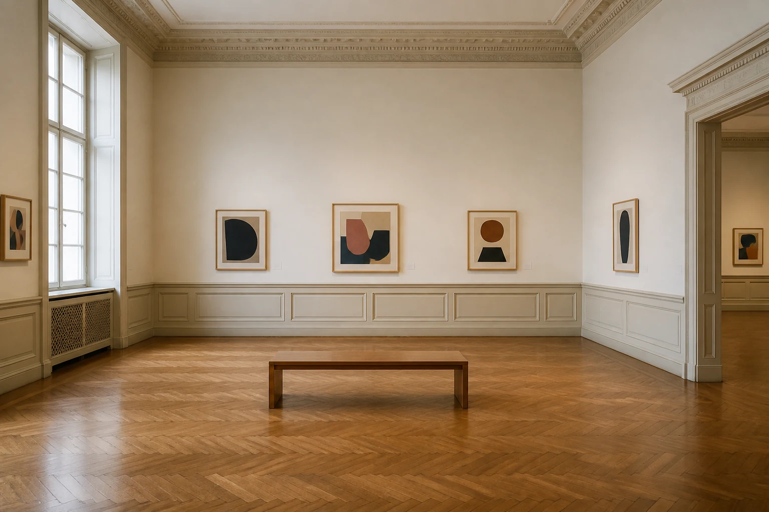 Salle d'exposition vide d'un musee national francais avec parquet et tableaux encadres pres d'une fenetre lumineuse