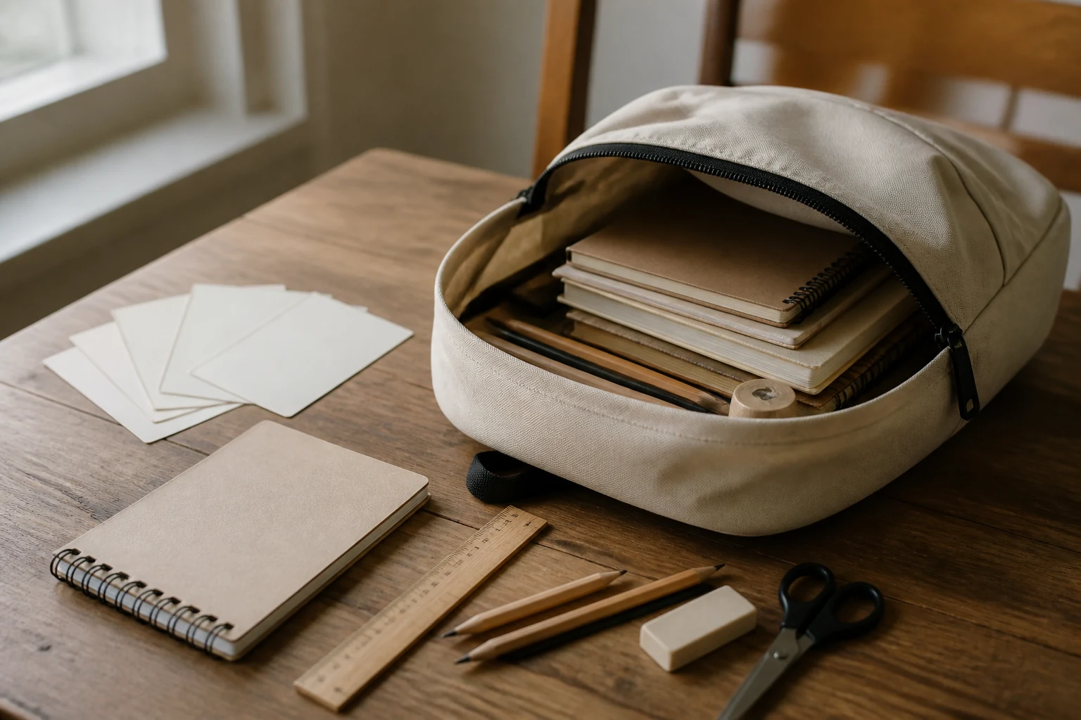 Cartable d'ecolier ouvert avec fournitures scolaires neuves et billets symboliques sur une table en bois
