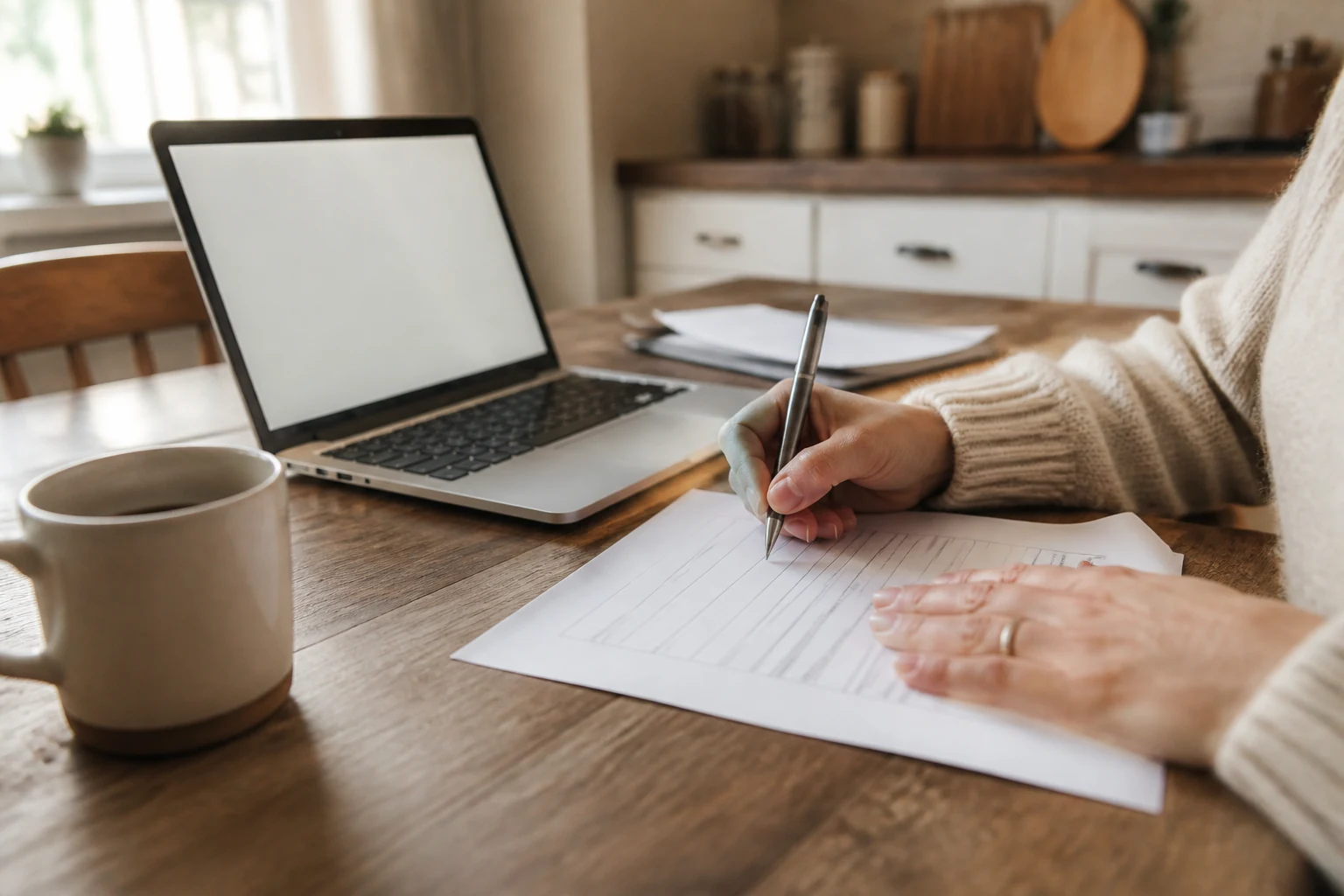 Parent qui remplit un formulaire papier blanc avec un stylo a cote d'un ordinateur portable