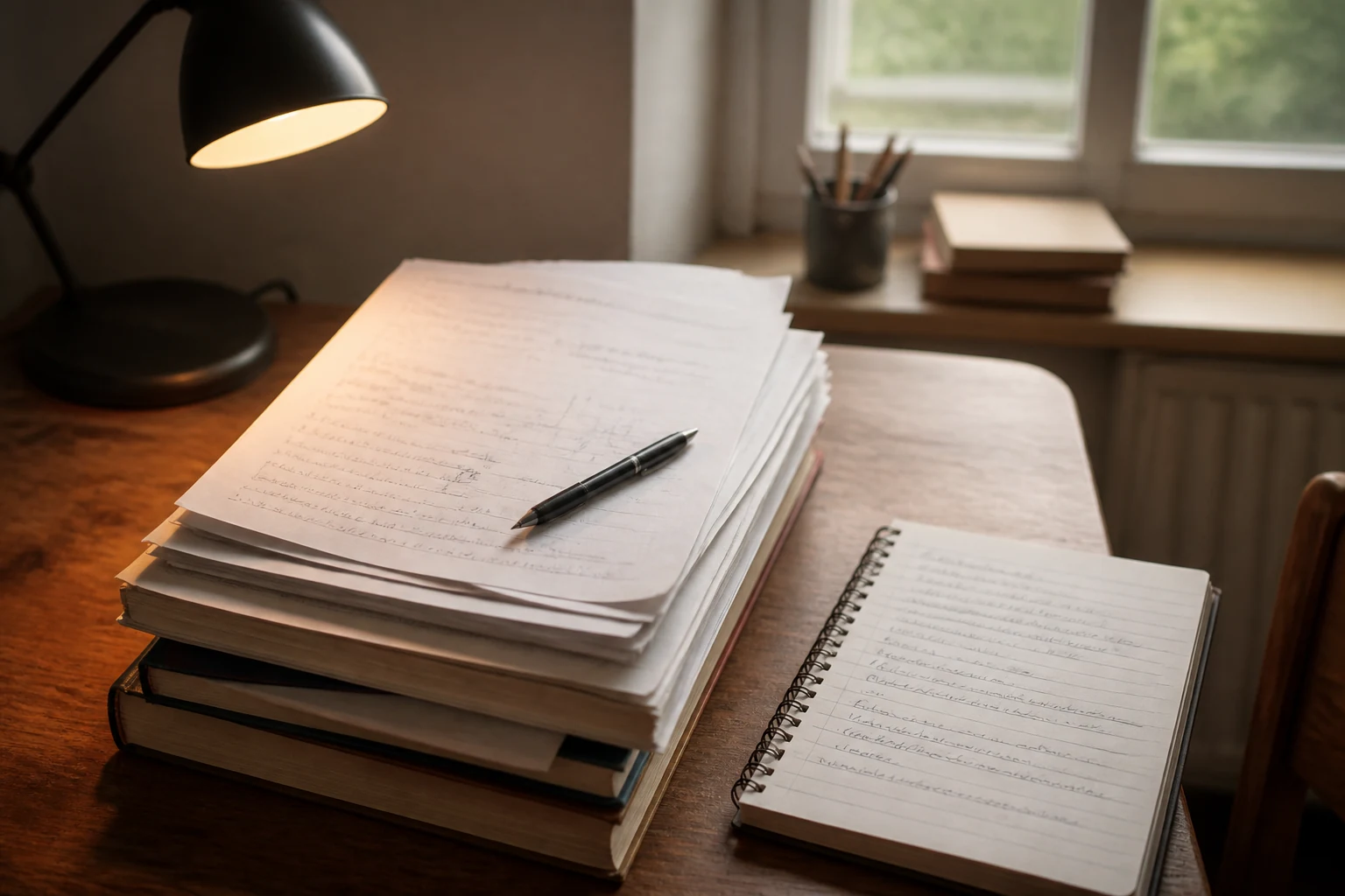 Pile de copies d examen et de manuels poses sur un bureau d etudiant avec un stylo a bille noir et une lampe d architecte