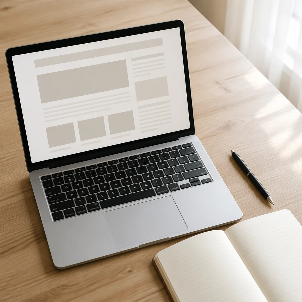 Ordinateur portable affichant une page web generique sur un bureau en bois avec un carnet de notes et un stylo