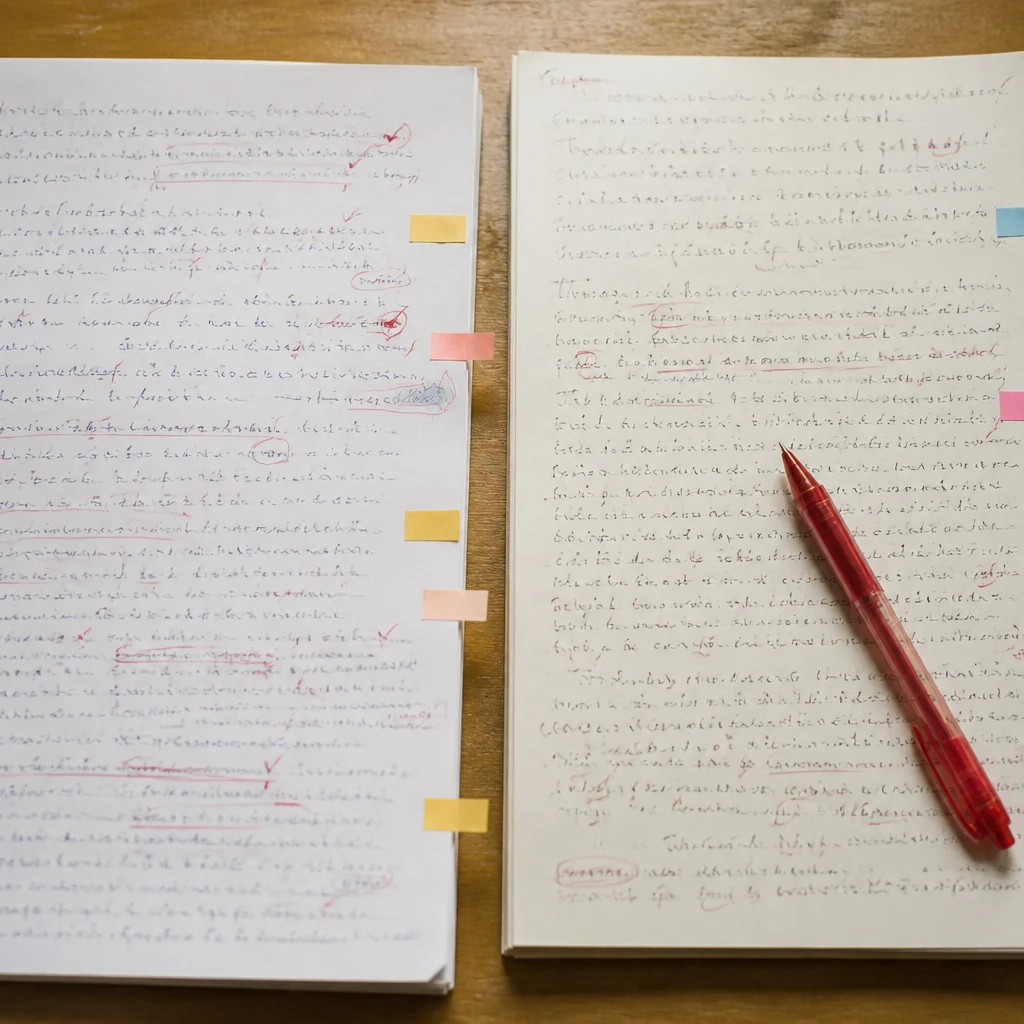 Deux copies d examen posees cote a cote avec un stylo rouge et des post it colores marquant des lignes