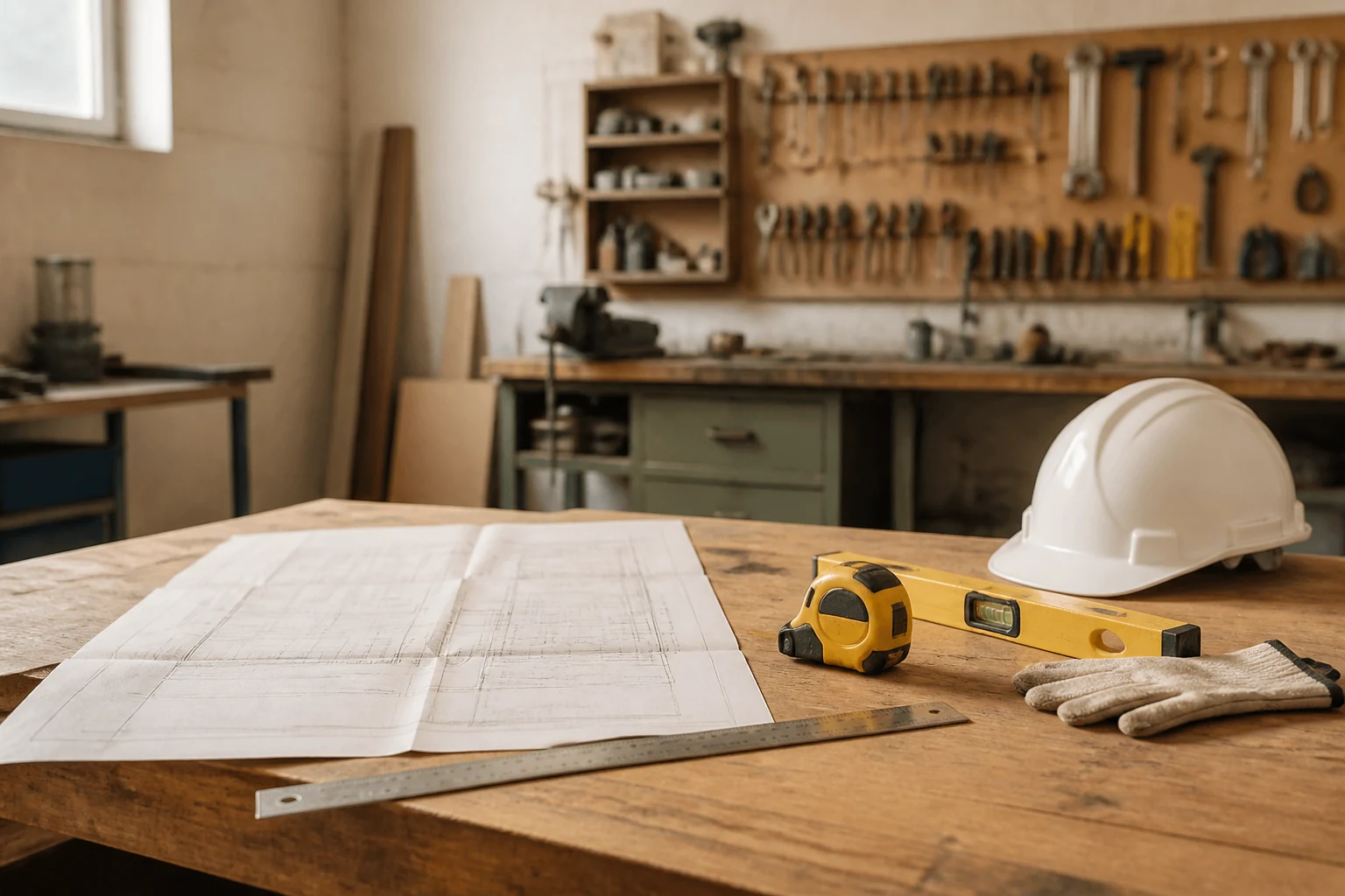 Atelier d apprentissage en lycee professionnel avec etabli en bois outils de mesure et plans techniques