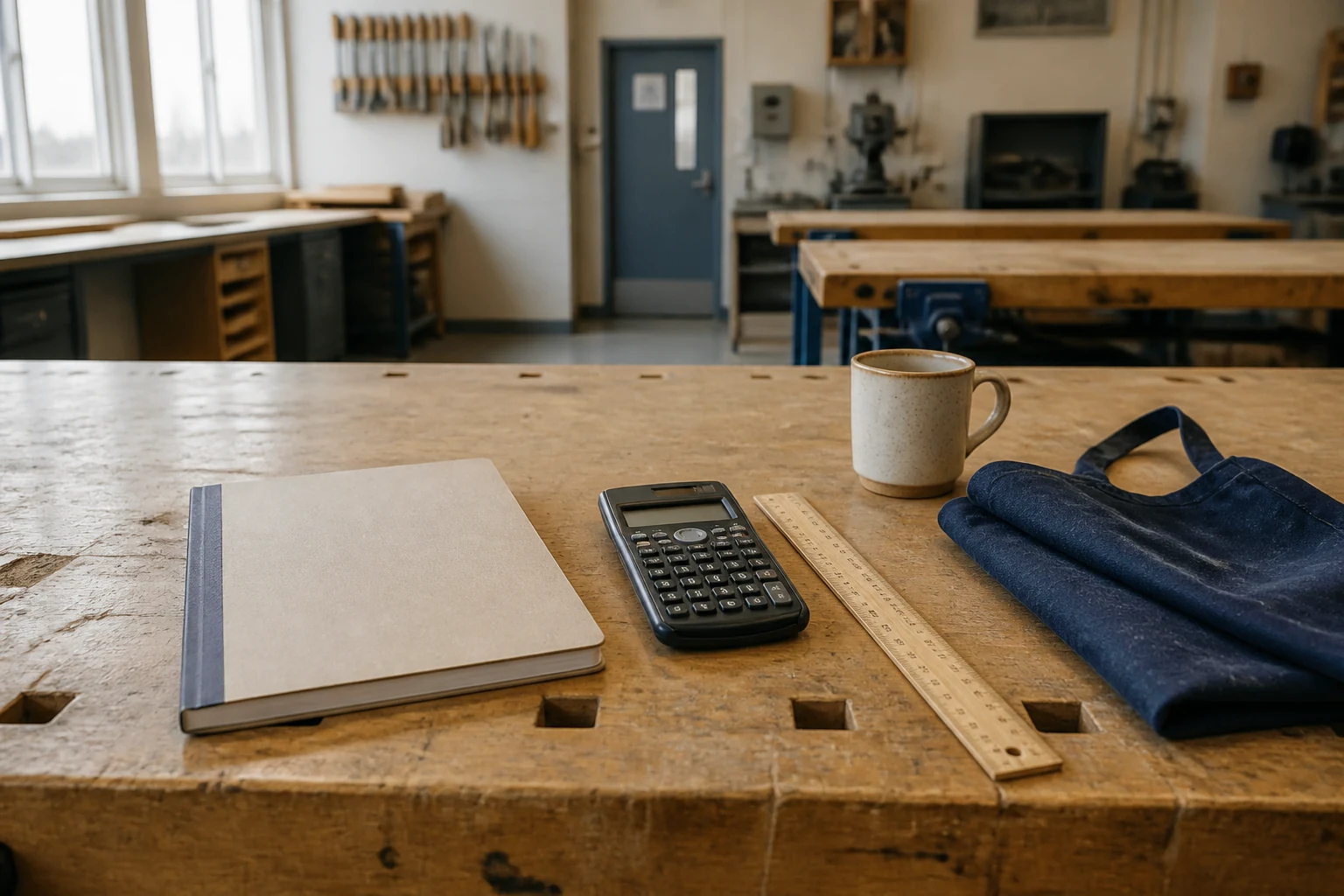 Bureau de classe avec cahier ferme calculatrice et tablier replie indiquant atelier professionnel