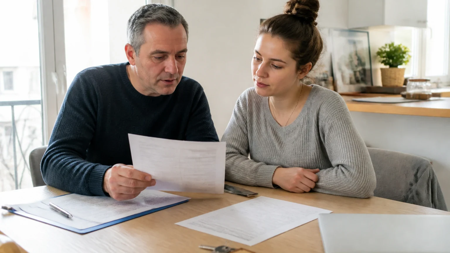 Parent et étudiant relisant un bail et une attestation d'assurance habitation sur une table lumineuse avec des clés de studio