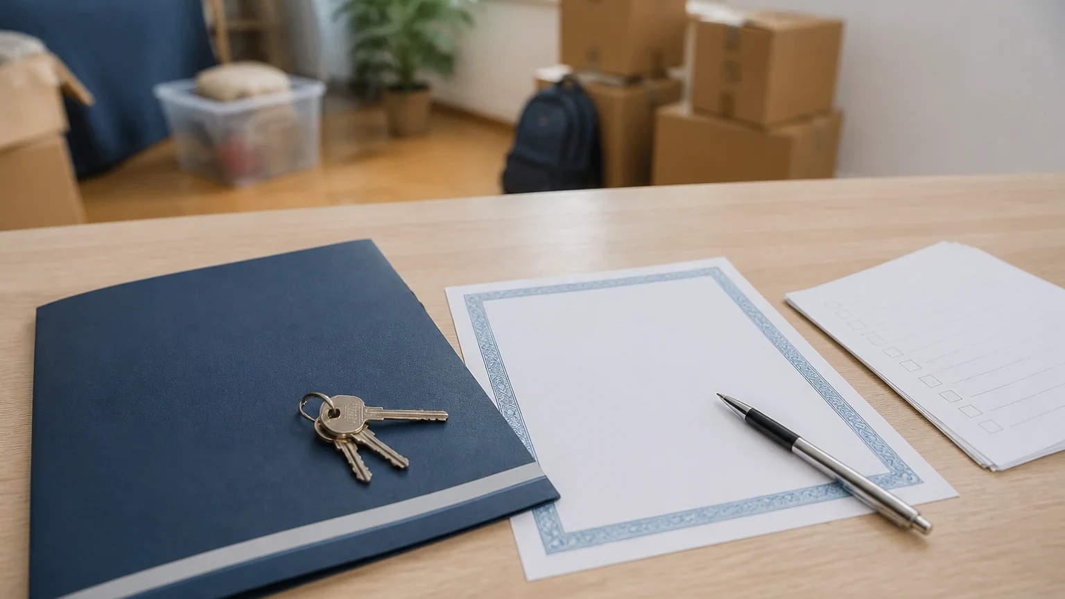 Bail étudiant, clés et attestation d'assurance posés sur une table pendant une préparation de rentrée