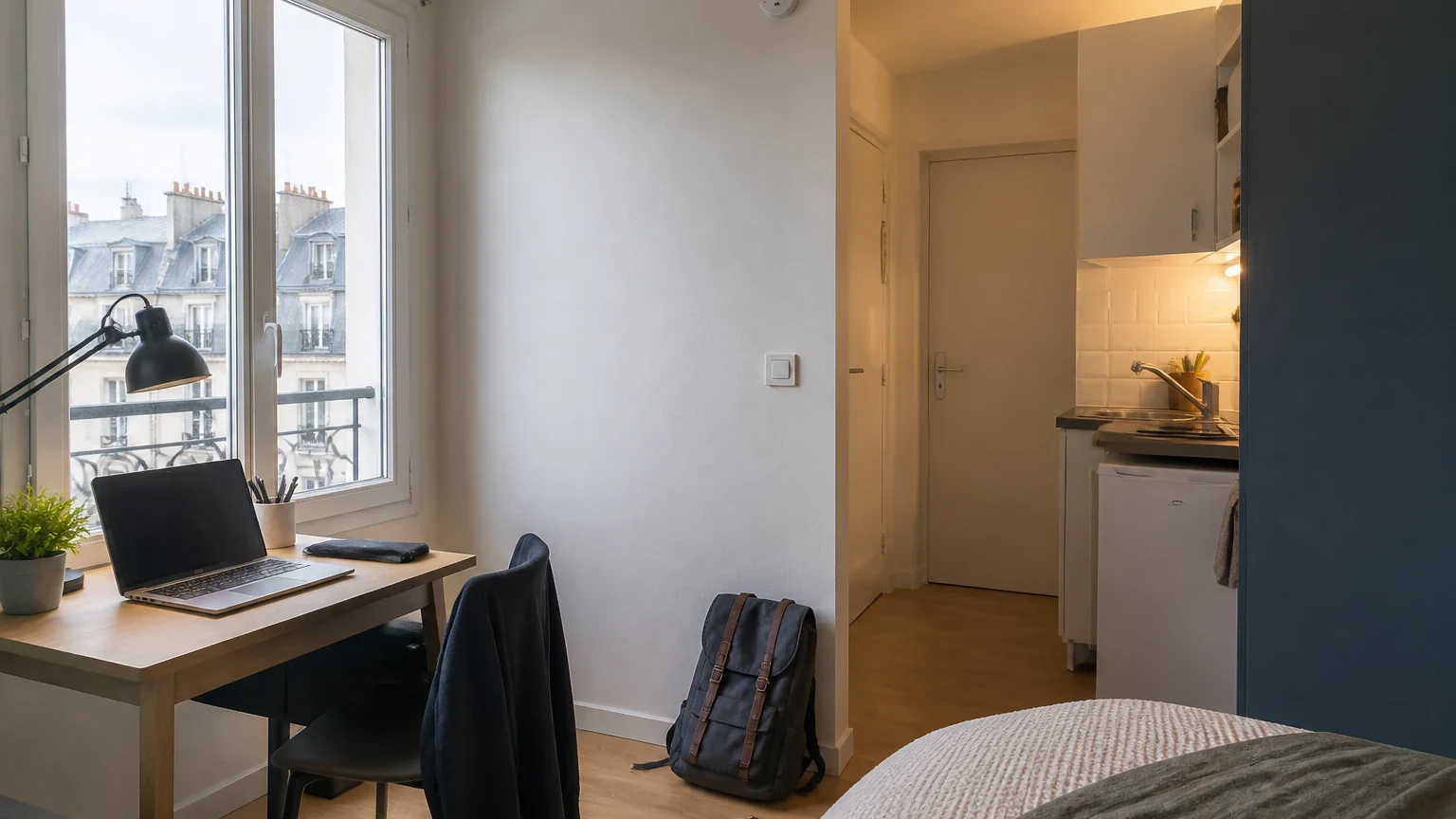 Studio étudiant rangé avec ordinateur, sac de cours, détecteur de fumée et clés sur un bureau