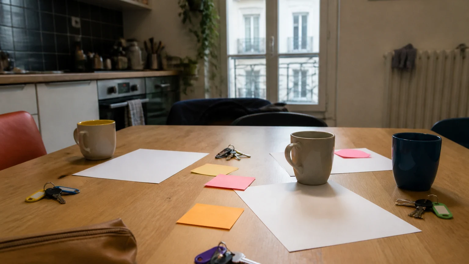 Table de colocation avec plusieurs trousseaux de clés, contrats et tasses de café pendant une discussion entre étudiants