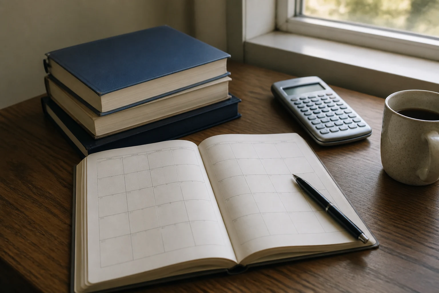 Agenda papier ouvert sur les dates de juin et juillet avec stylo, manuels de bac et calculatrice sous la lumiere du matin