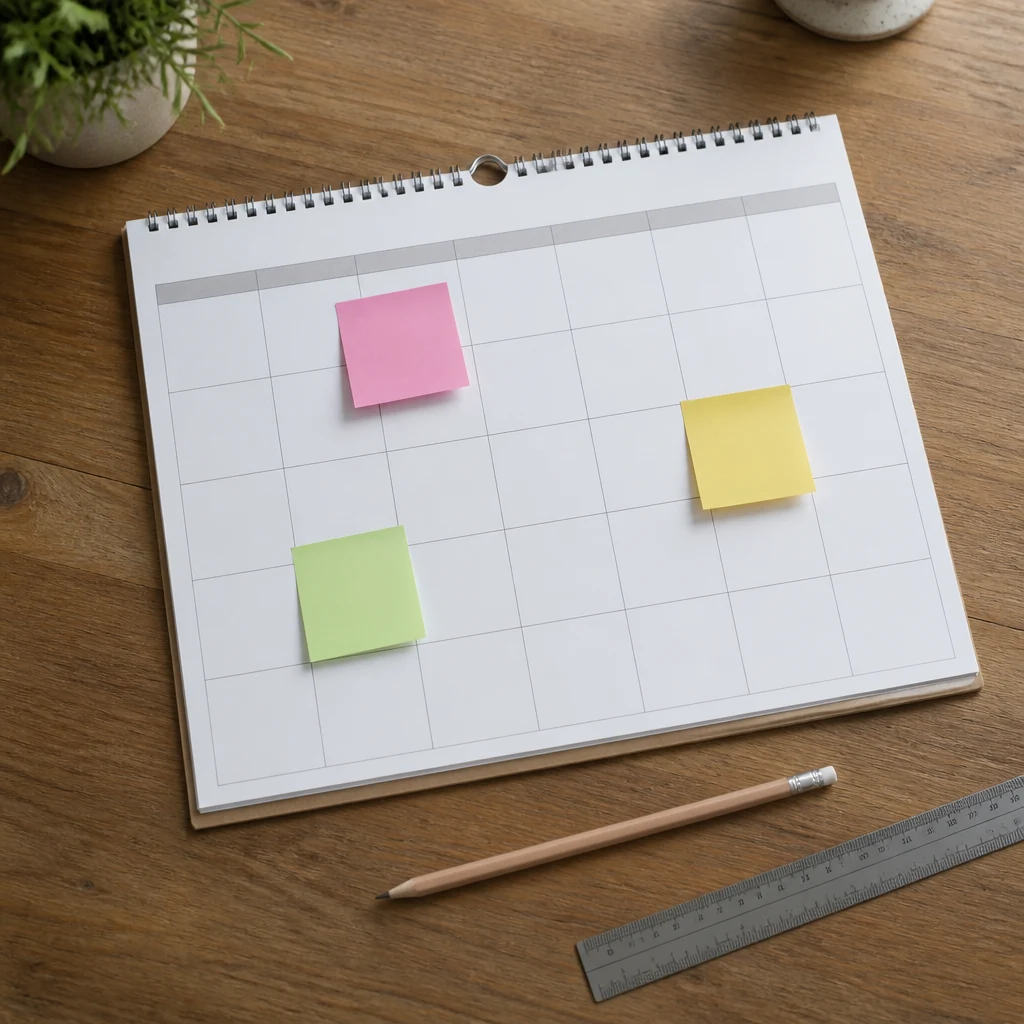 Calendrier mural avec post-it colores marquant les dates des epreuves du bac