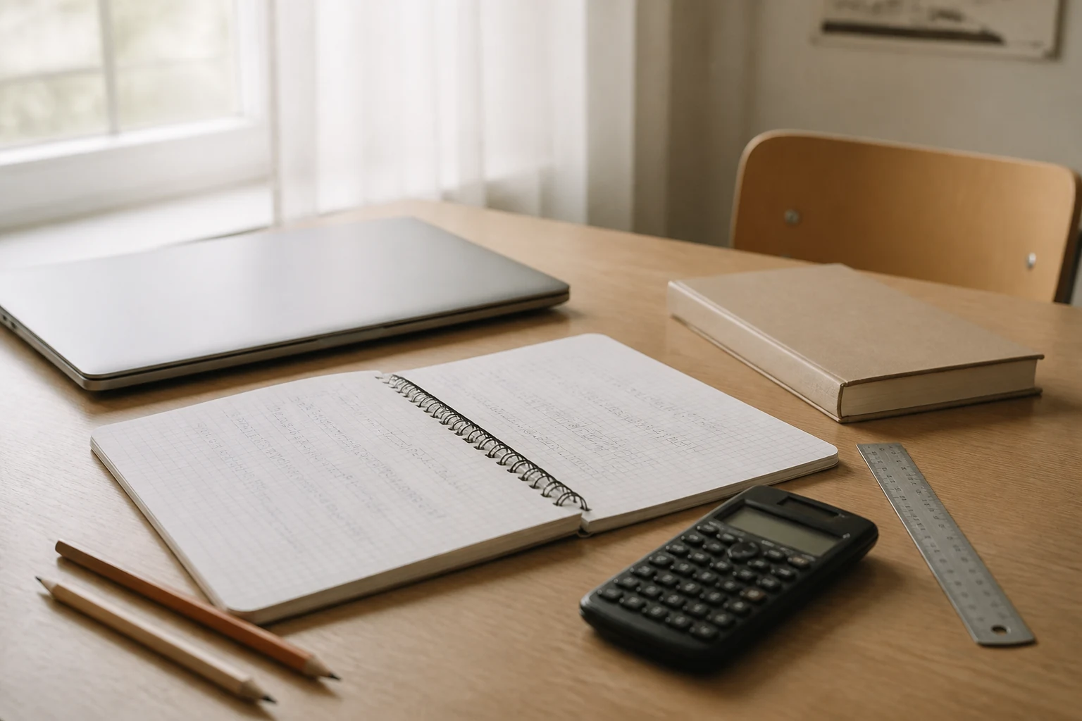 Bureau d eleve de lycee technologique avec ordinateur portable et cahier comptable ouvert sur tableau de chiffres