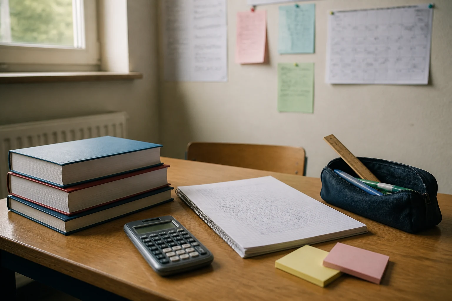 Bureau d eleve de troisieme avec manuels du brevet, calculatrice, cahier de revisions et post-its sous la lumiere naturelle d une chambre