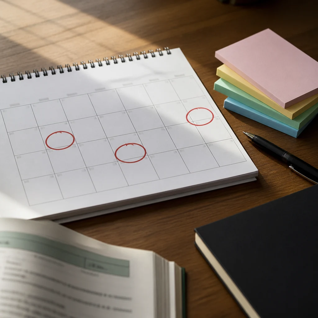 Calendrier de juin avec dates des epreuves du brevet 2026 entourees en rouge sur un bureau d eleve