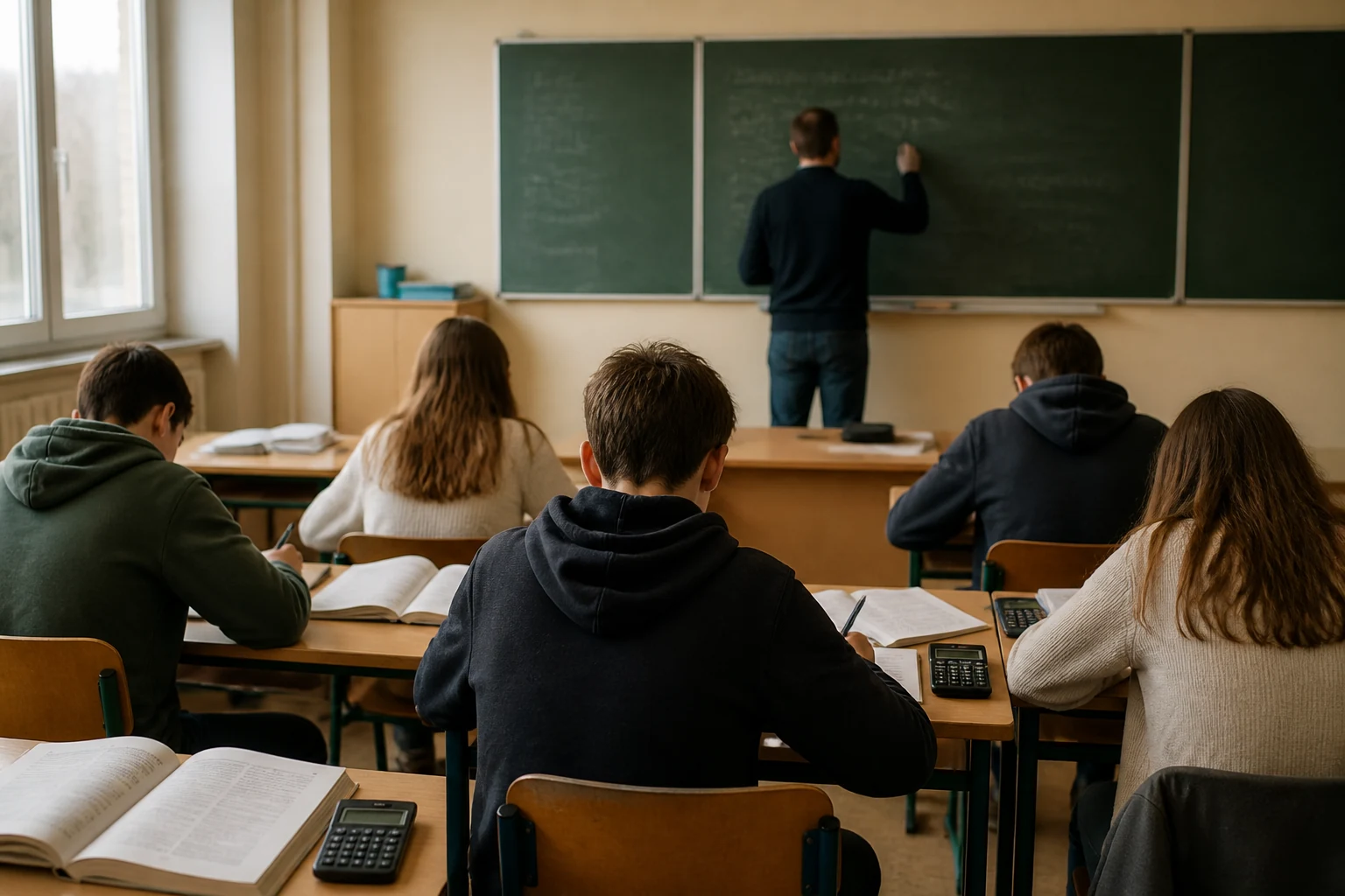 Salle de classe de college francais vue de dos avec eleves de troisieme en seance de revision