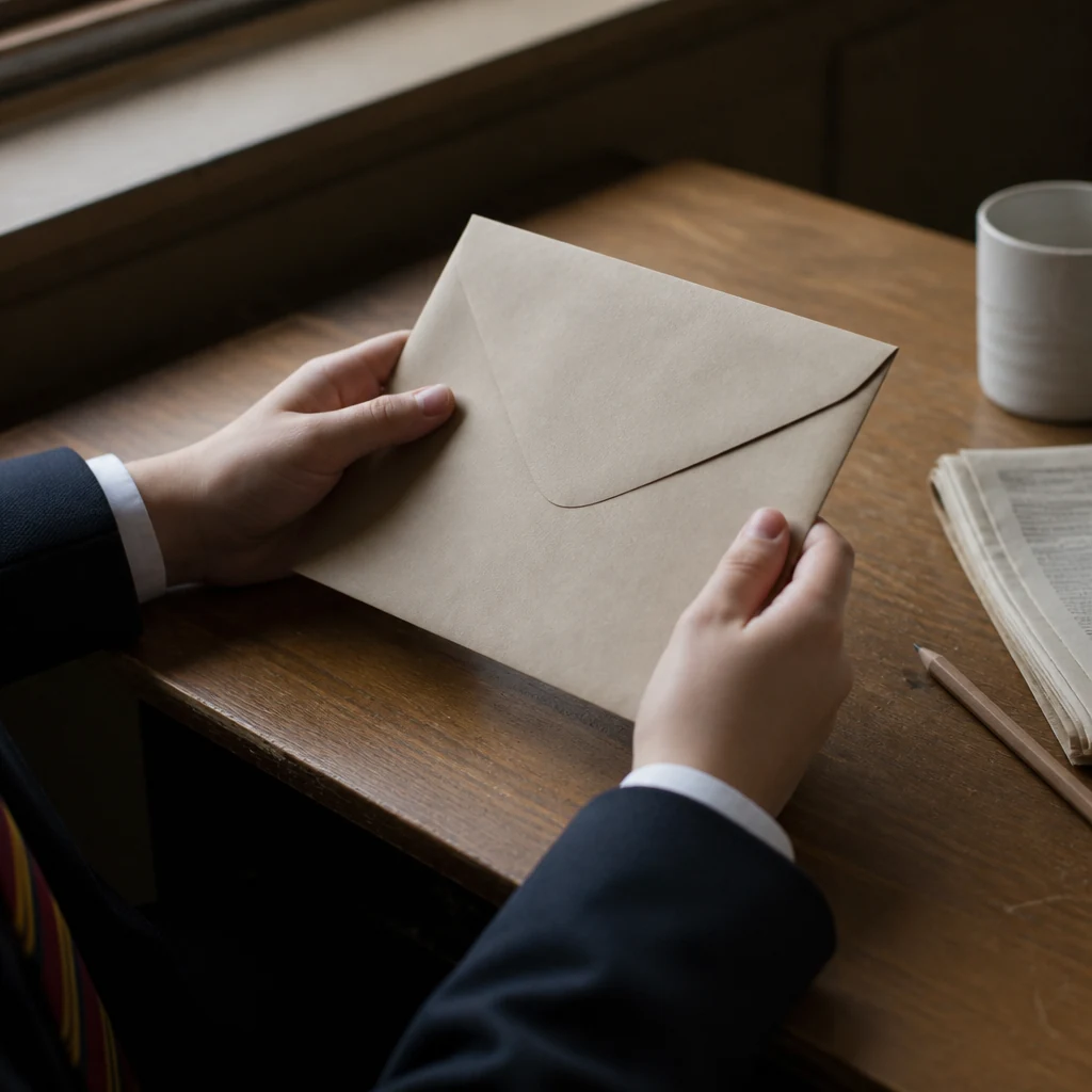 Enveloppe blanche cachetee tenue par des mains d eleve sur un bureau avec cahier et stylo