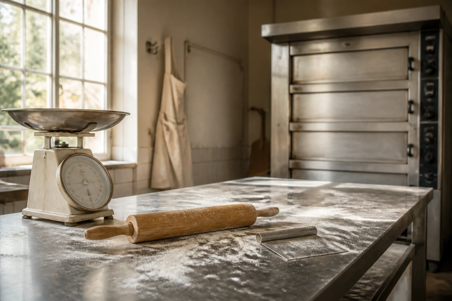 Atelier de boulangerie d apprenti dans un CFA francais avec four et plan de travail farine sous lumiere du matin