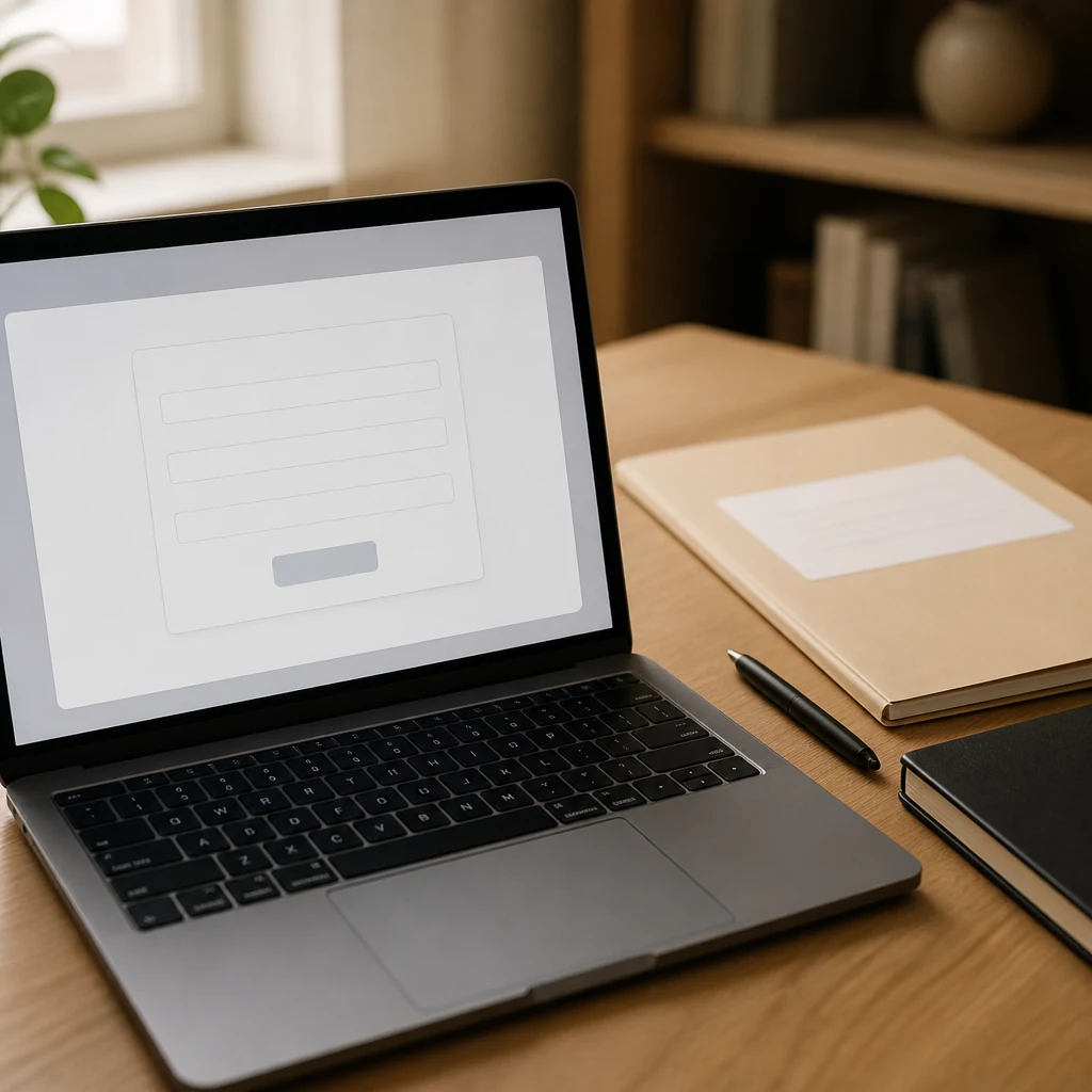 Ordinateur portable ouvert sur formulaire d inscription en ligne et dossier d expedition sur bureau en bois
