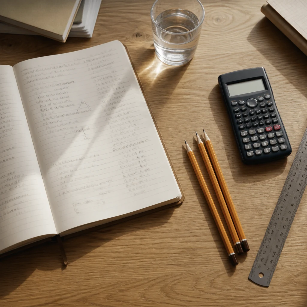Cahier ouvert avec stylos et calculatrice scientifique sur bureau en bois lors d une session de revision