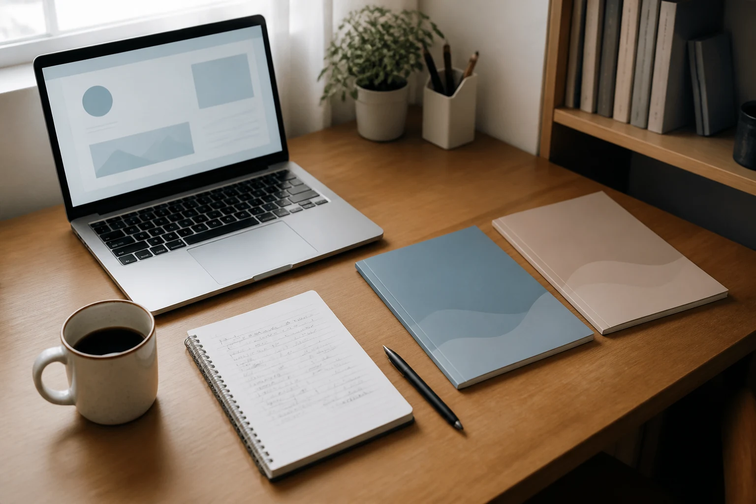 Bureau d'eleve de terminale avec ordinateur portable, deux dossiers de brochure flous superposes et un stylo sur fond bois clair
