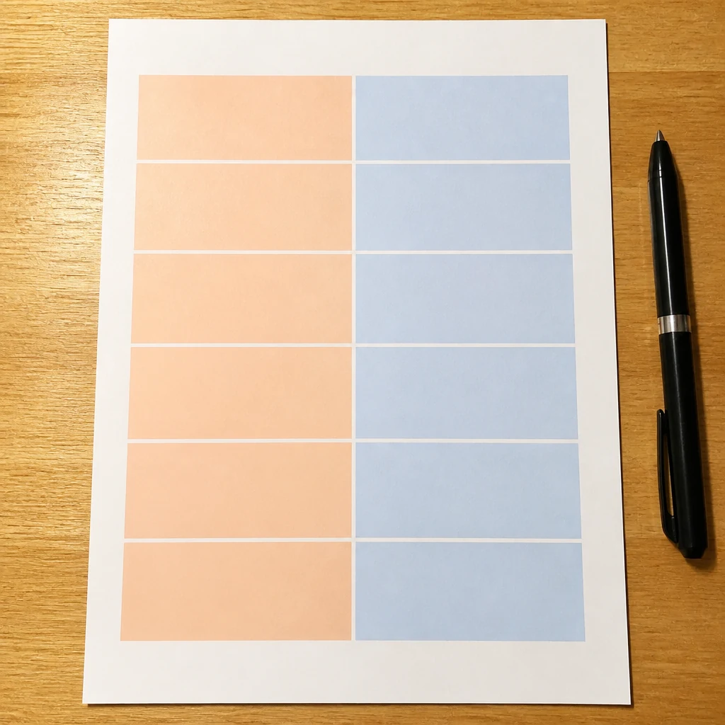 Tableau comparatif en papier sur un bureau bois avec deux colonnes pastel orange et bleue representant le comparatif BTS BUT