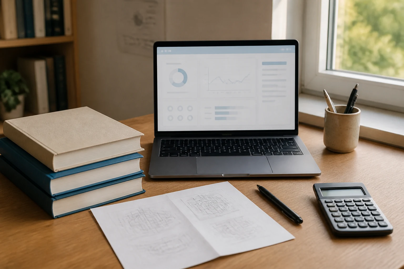 Bureau d'etudiant avec ordinateur portable, calculatrice, livres techniques empiles et plan technique sur fond bois clair
