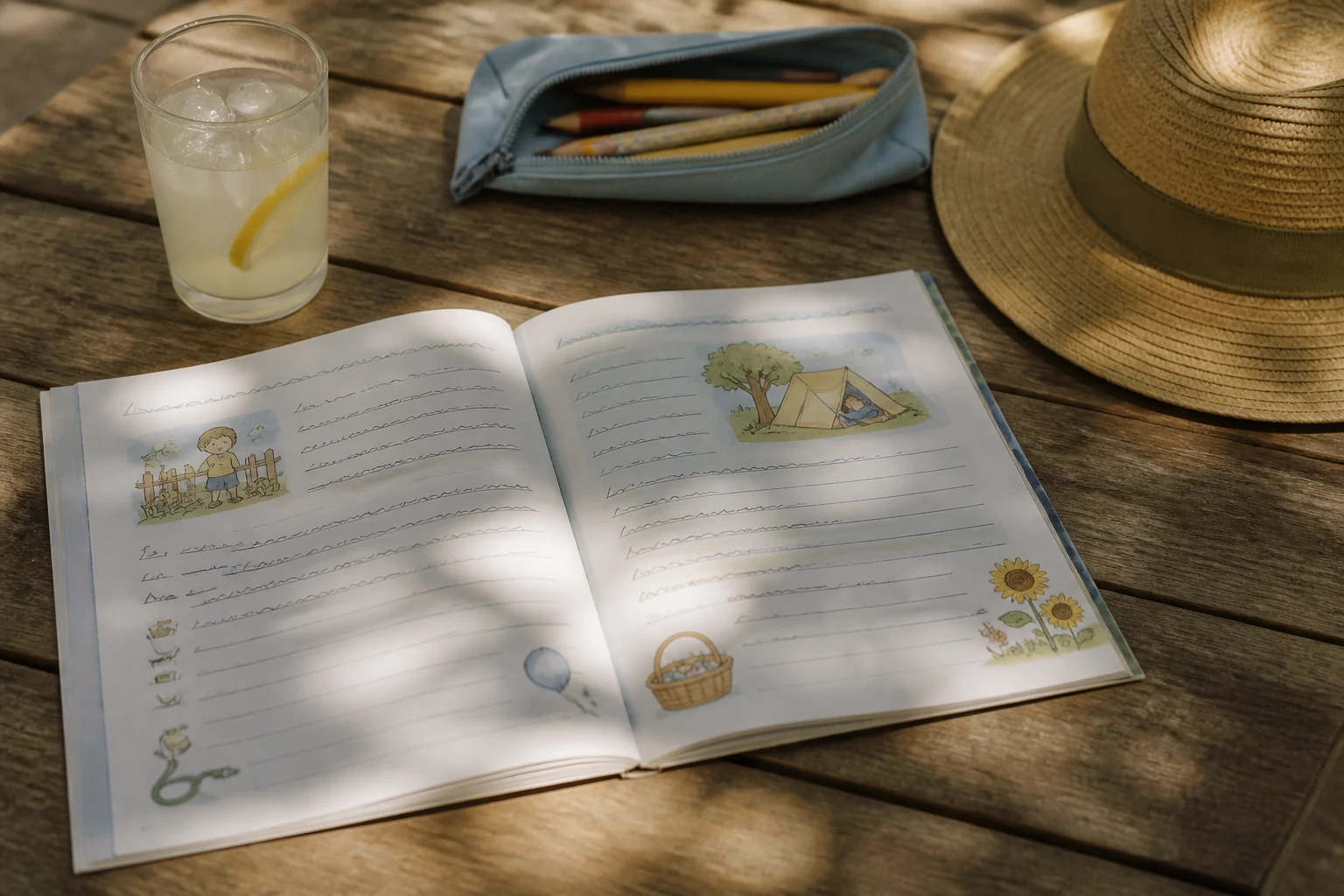 Cahier de vacances de fin de primaire ouvert sur une table de jardin pres d un verre de citronnade et d une trousse a crayons