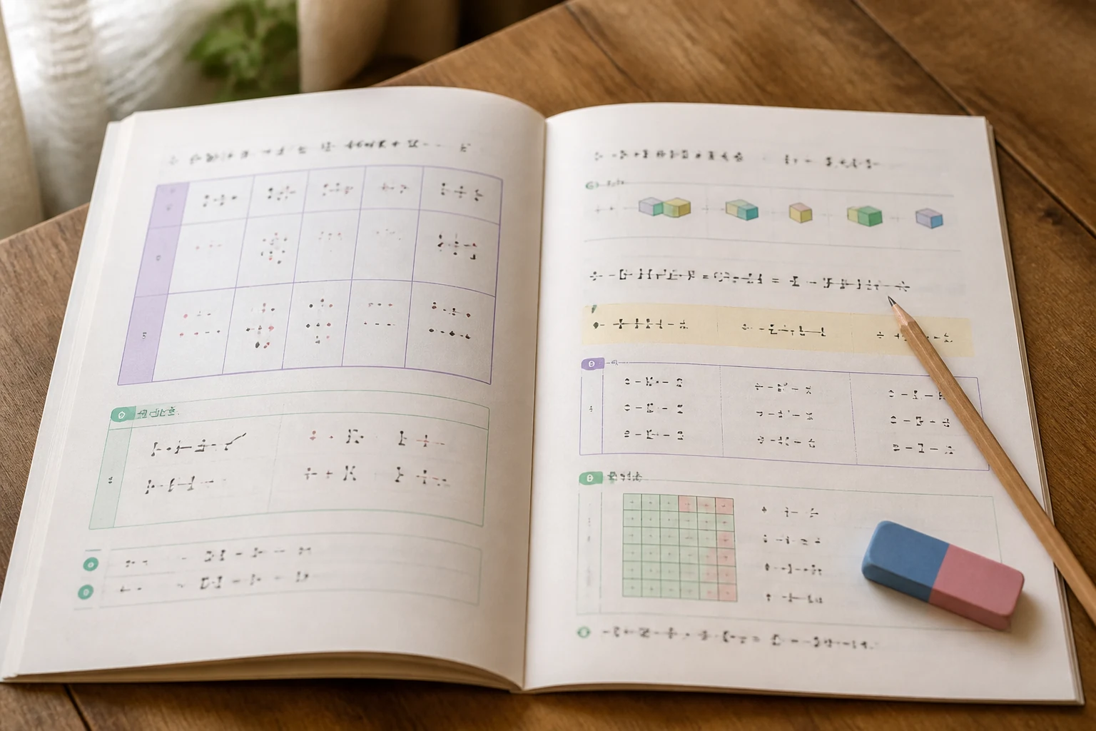Deux pages d un cahier de vacances ouvert avec exercices de mathematiques et de francais et un crayon a papier
