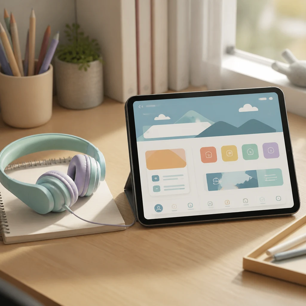 Tablette numerique posee sur un bureau avec un casque audio enfant et un cahier pour preparer la 6e