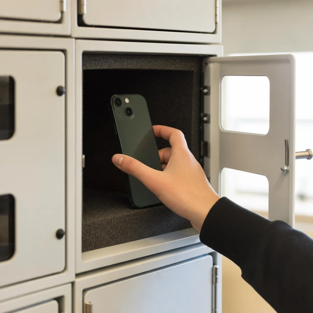 Élève déposant son smartphone dans un compartiment numéroté du casier