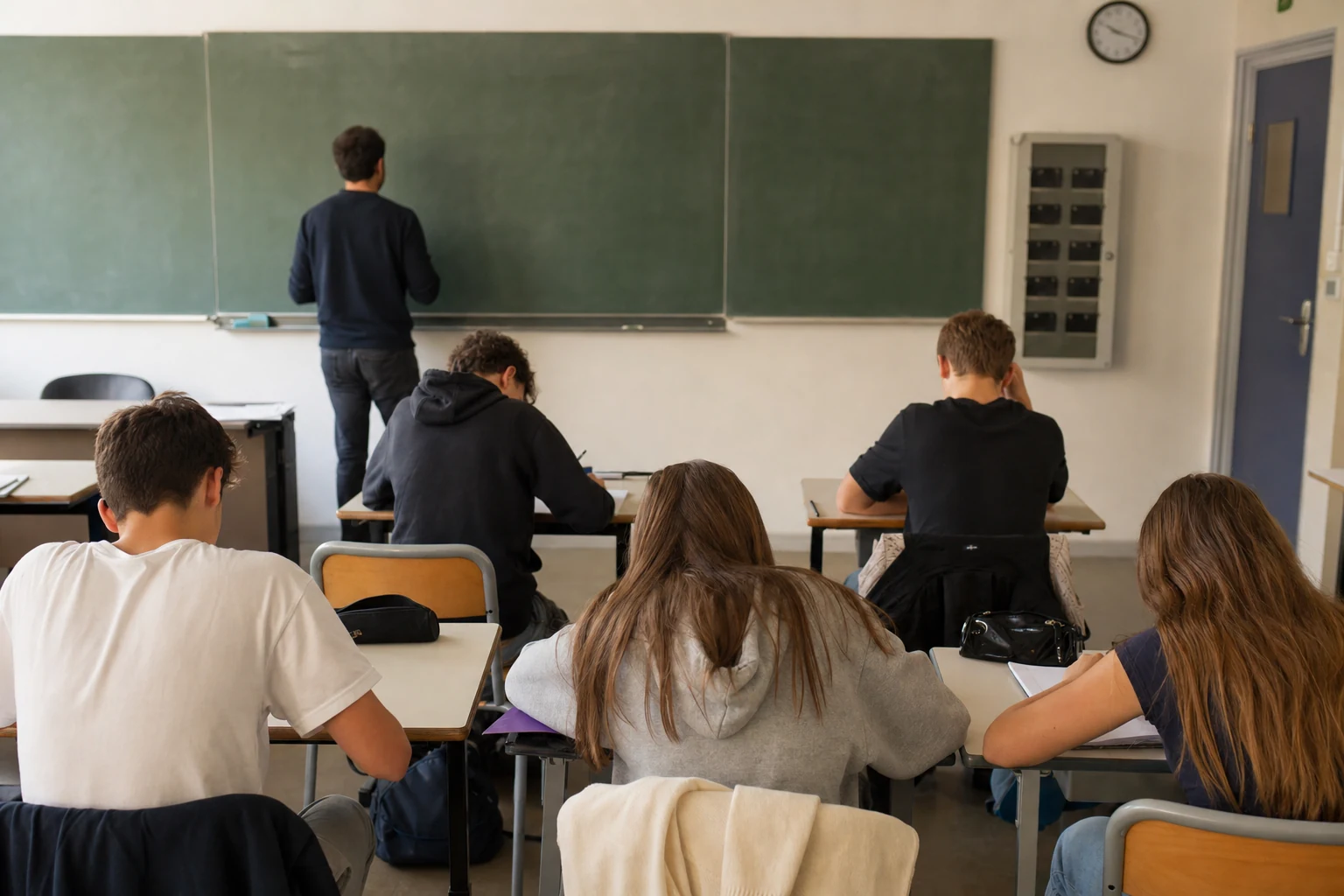 Salle de classe française pendant un cours, élèves concentrés sur leurs cahiers, smartphones rangés