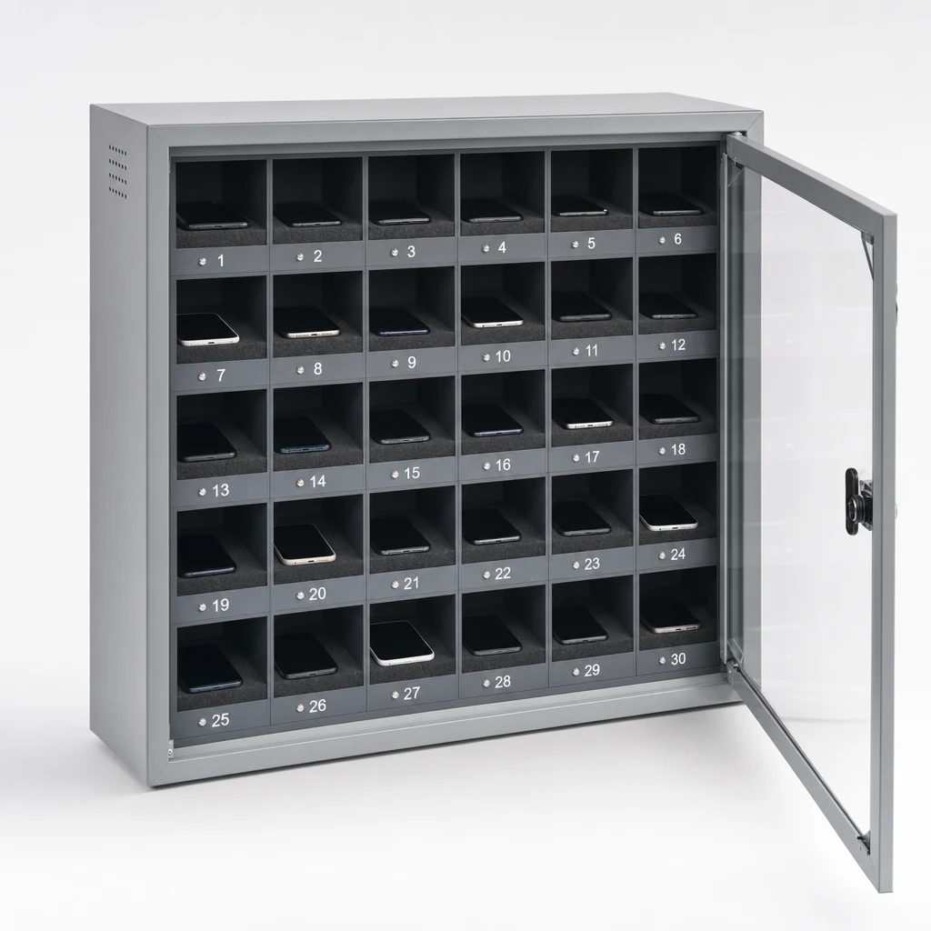 Détail d'un casier de stockage de téléphones avec porte plexiglas et compartiments doublés mousse antistatique