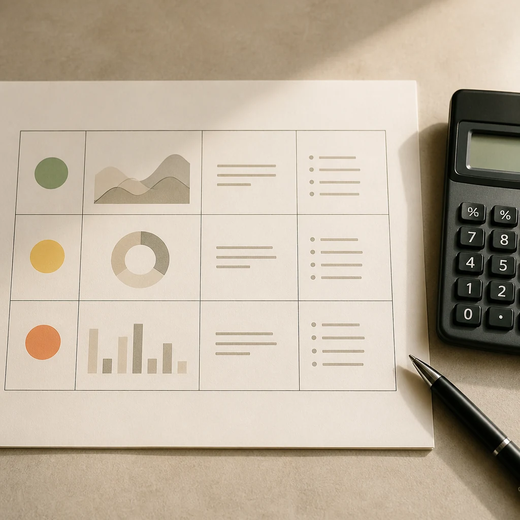 Table imprimee a trois lignes avec des pastilles colorees pres d une calculatrice et d un stylo a bille noir