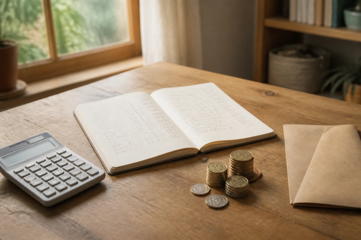 Bureau en bois avec une petite calculatrice un cahier ouvert des pieces de monnaie empilees et une enveloppe blanche