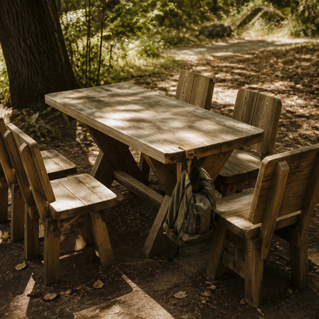 Table de pique-nique en bois sous des arbres dans un parc avec un petit sac a dos pose sur un coin et une lumiere tachetee