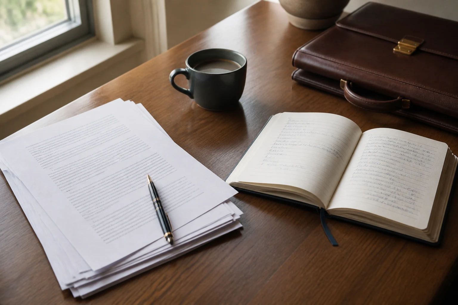 Bureau professionnel avec contrat d'apprentissage papier stylo plume agenda ouvert et tasse de cafe sur fond de fenetre claire