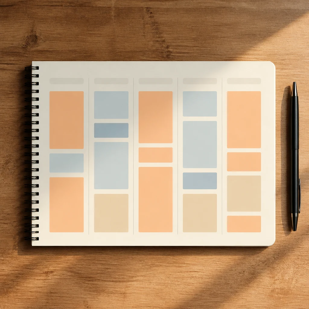 Planning hebdomadaire papier avec colonnes verticales et blocs colores pastel orange et bleu pour jours d'entreprise et de fac