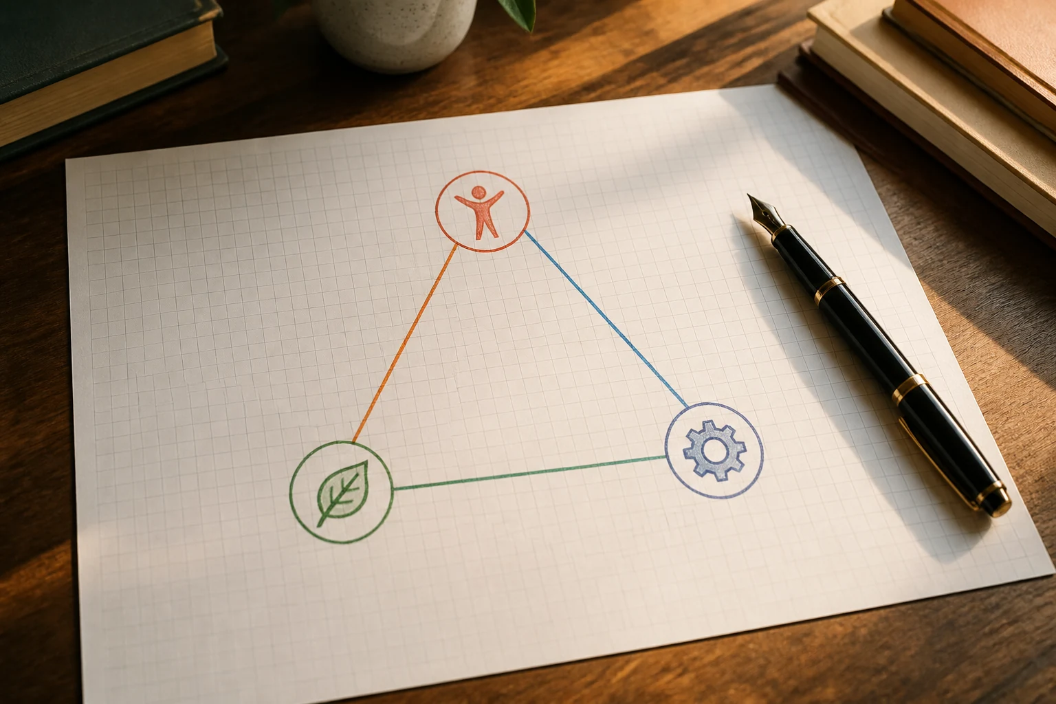 Triangle dessine a la main sur papier quadrille montrant trois sommets et trois cotes colores pastel orange bleu vert