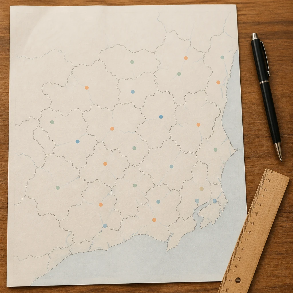 Carte papier de France avec contours regionaux abstraits et cercles colores pastel marquant les principales villes universitaires