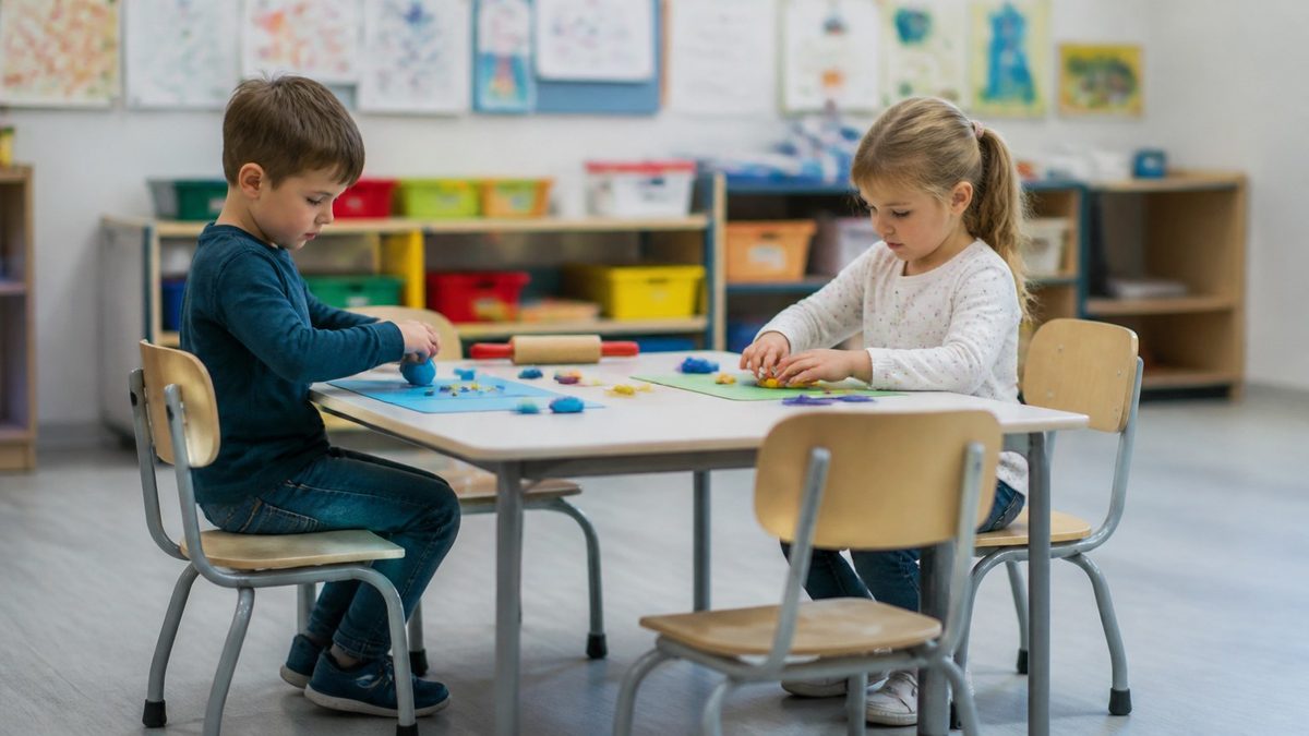 Deux enfants de maternelle assis sur des chaises fixes en bois et métal pendant un atelier de pâte à modeler