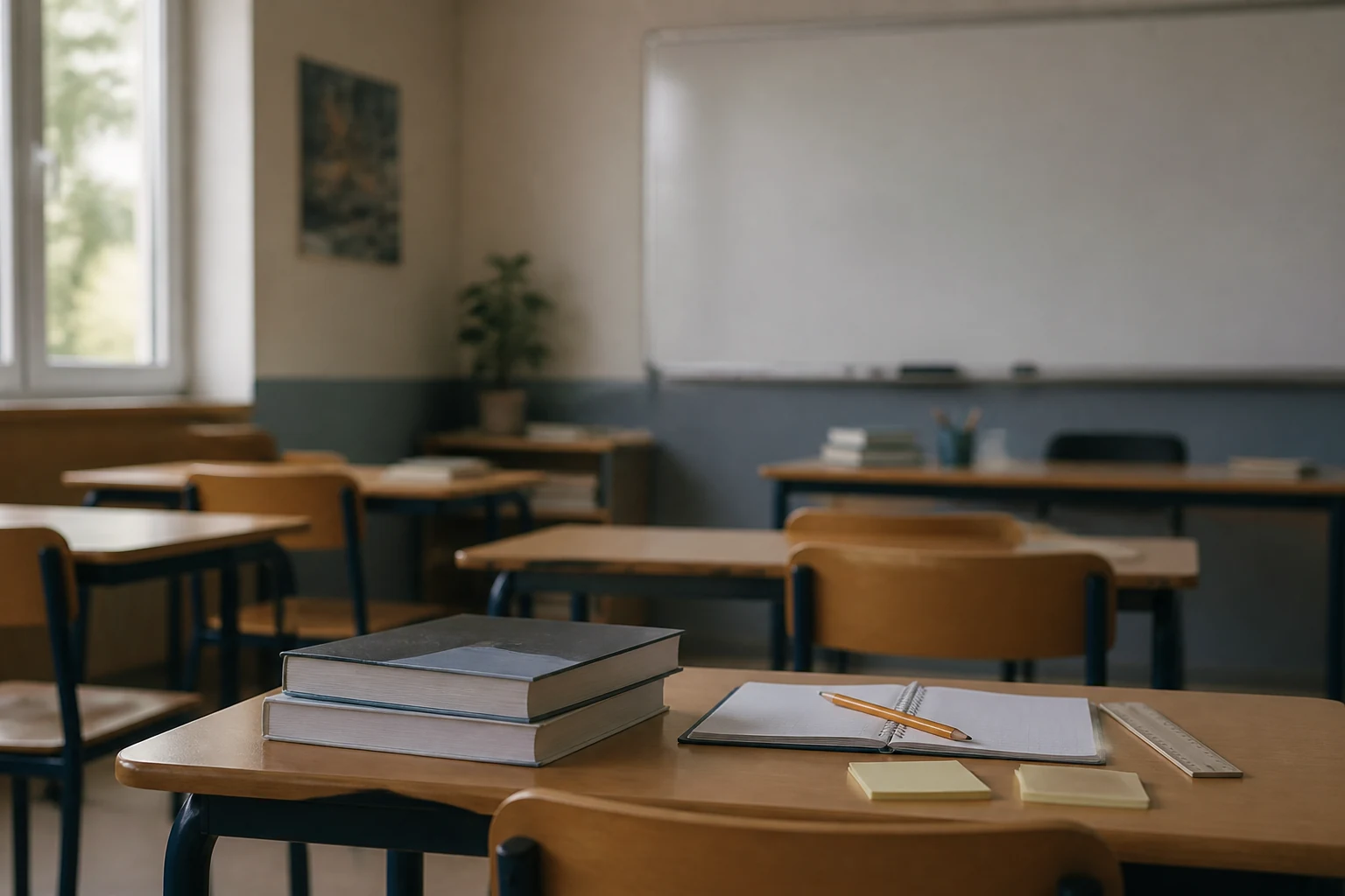Salle de classe de lycee general francais avec tables alignees, livres ouverts et tableau blanc sous la lumiere du matin