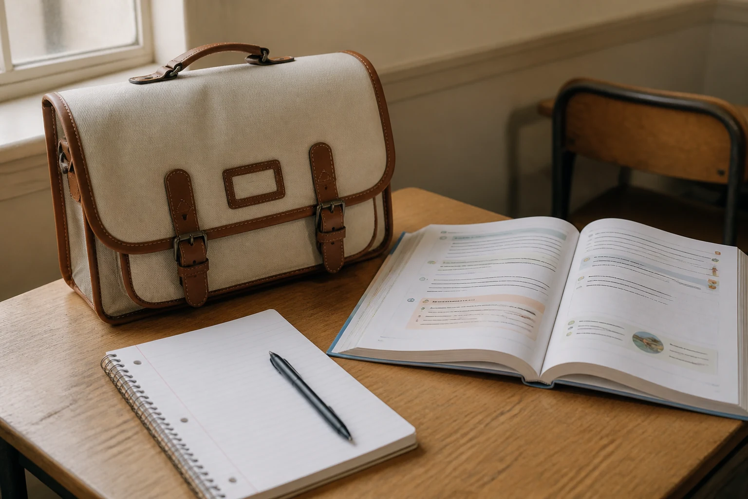 Cartable de CM2 pose pres d un manuel de 6e ouvert sur un bureau en bois avec un cahier neuf et un stylo