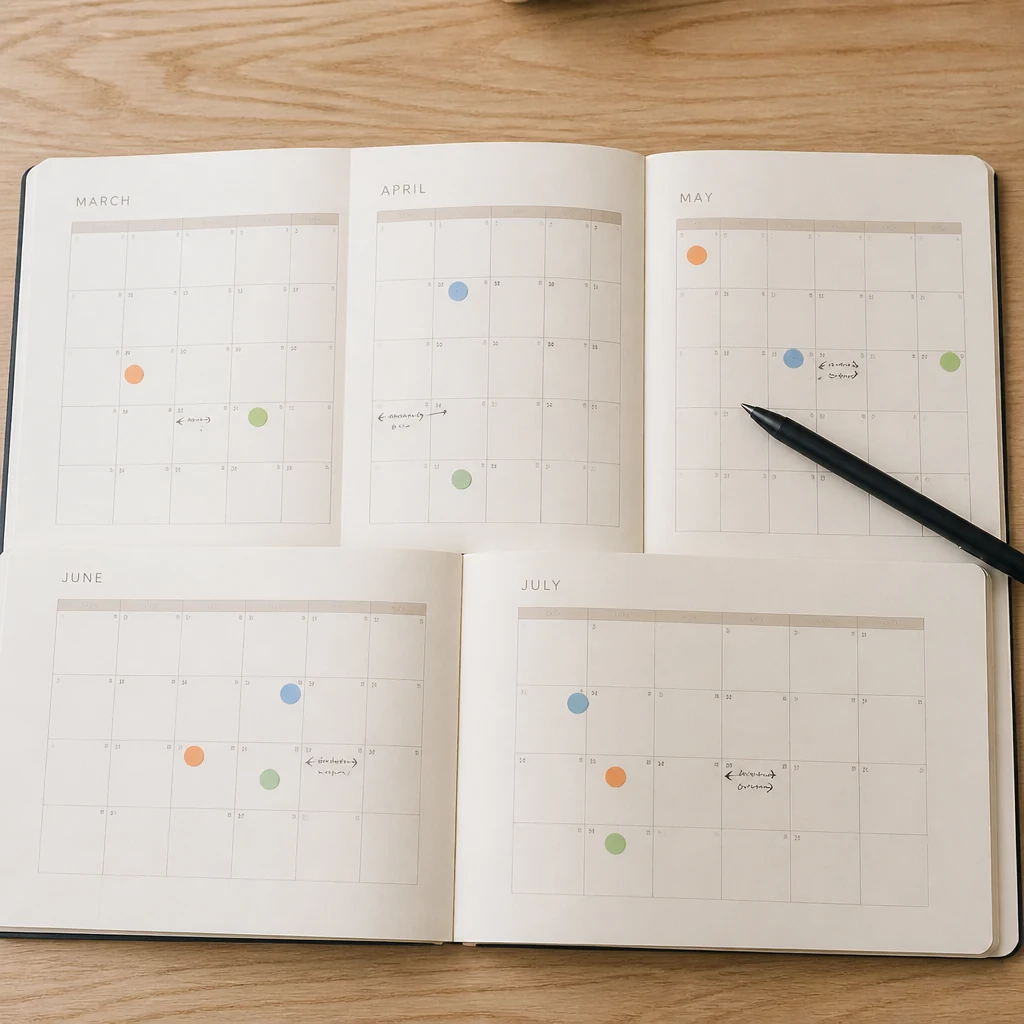Frise calendrier de mars a juillet avec post-it colores marquant les etapes du passage en 6e