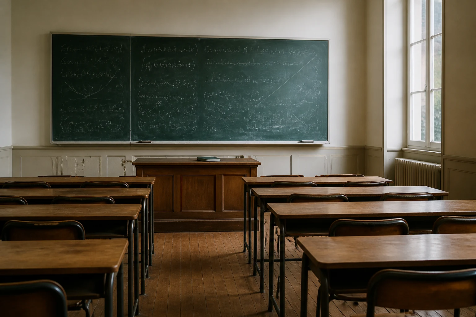 Salle de cours de prepa scientifique avec tableau noir couvert d'equations et rangees de pupitres vides eclaires par la lumiere du matin
