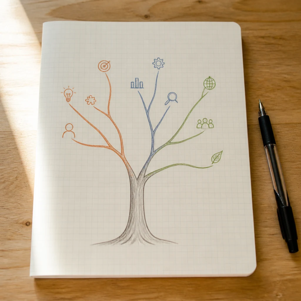 Diagramme arbre dessine a la main sur papier quadrille montrant ramification de la 1re vers 2e annee prepa avec icones colorees