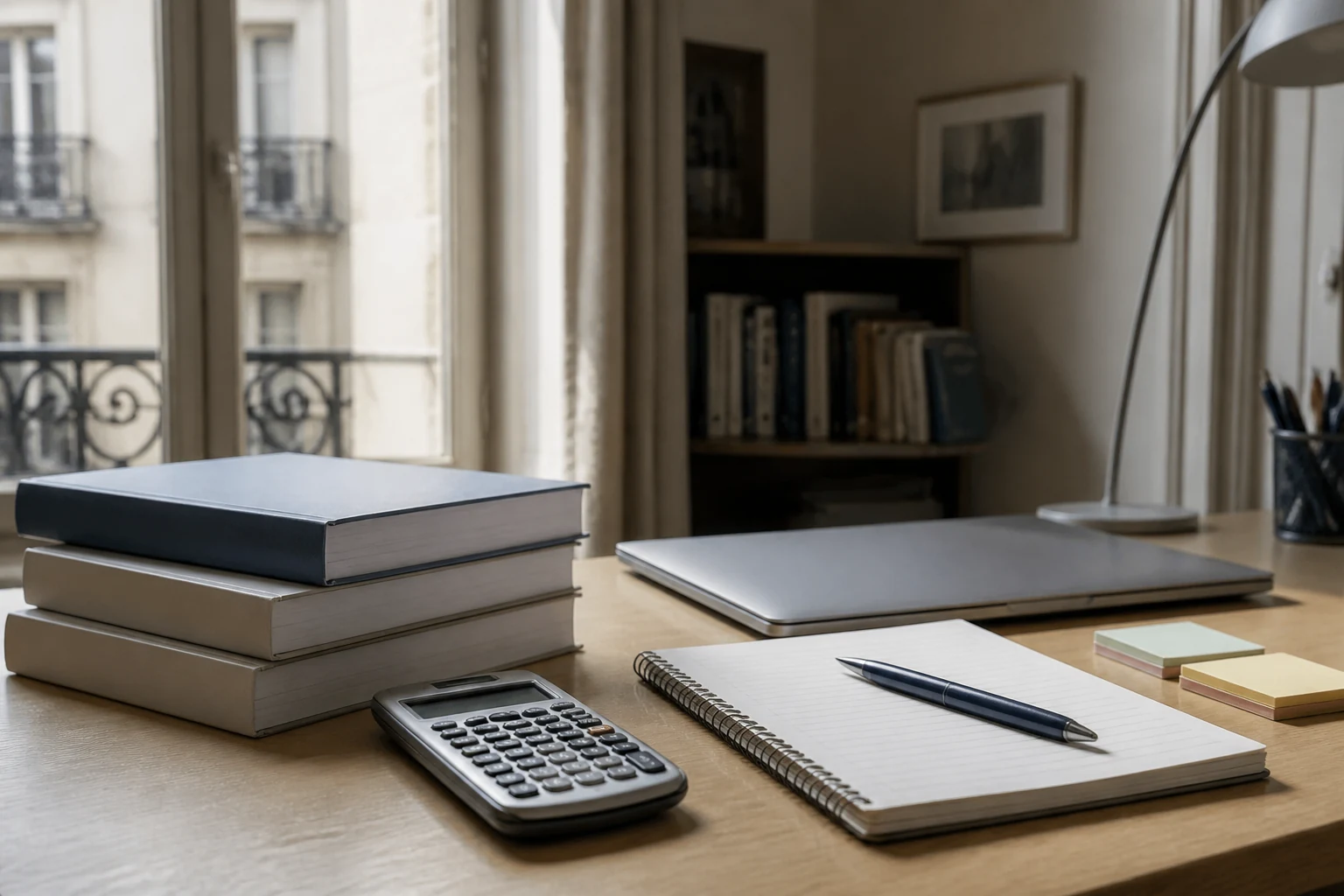 Bureau d'etudiant en comptabilite avec manuels DCG, ordinateur portable, calculatrice et fiches de revision sous la lumiere naturelle