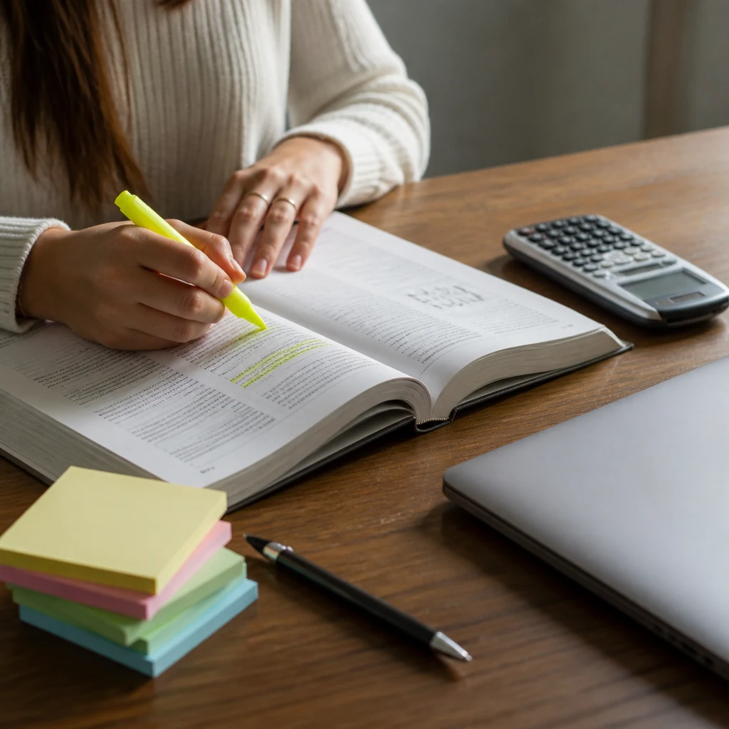 Etudiante revisant un manuel de comptabilite avec un ordinateur portable et des fiches de revision sur un bureau