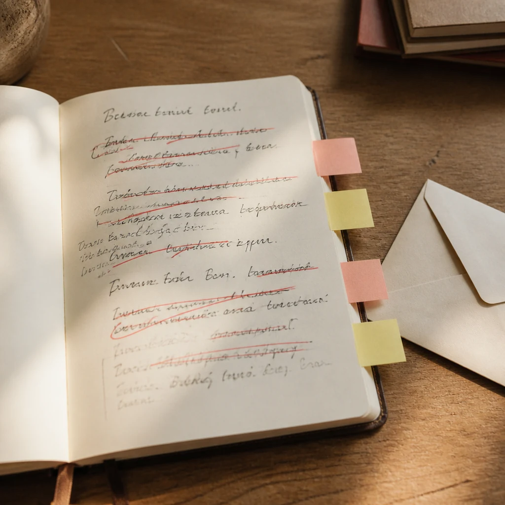 Cahier ouvert sur un bureau avec des lignes manuscrites barrees et plusieurs notes adhesives autour