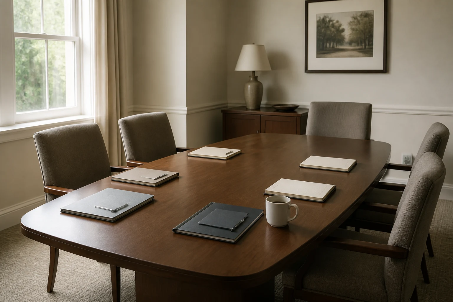 Salle de reunion vide avec une table en bois entouree de chaises et quelques dossiers poses sur la table